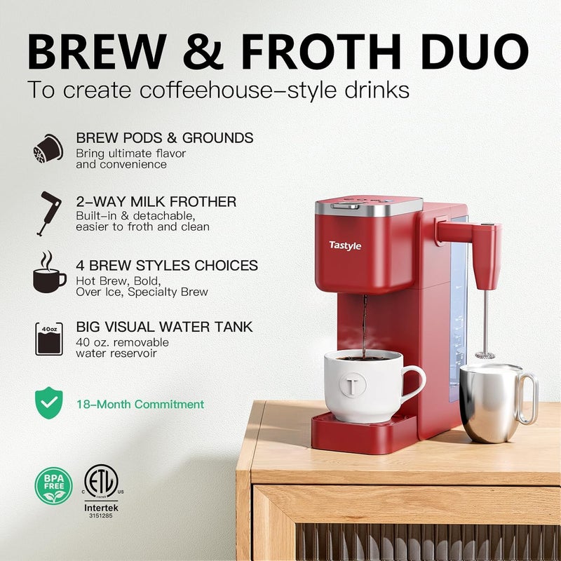 Tastyle Single Serve Coffee Maker with Built-in Detachable Milk Frother, Iced and Hot Coffee Machine for K Cup & Grounds, 40oz Removable Water Reservoir, 6 Cup Sizes, Fits 7.3" Travel Mug, Red - Image 2